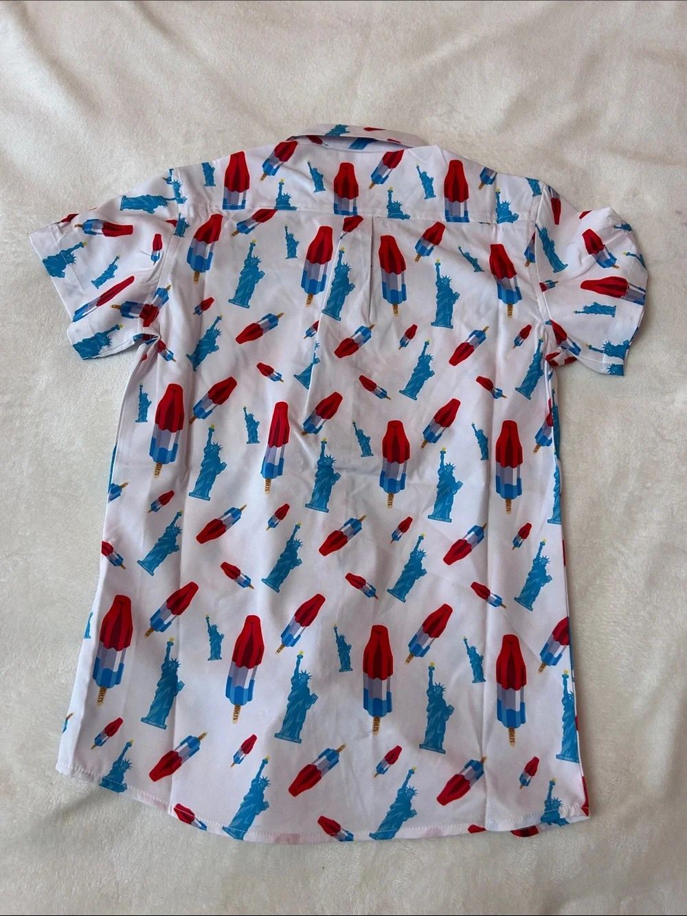 RSVLTS White Short-Sleeve Button-Down with Red & Blue Popsicle and Statue Print